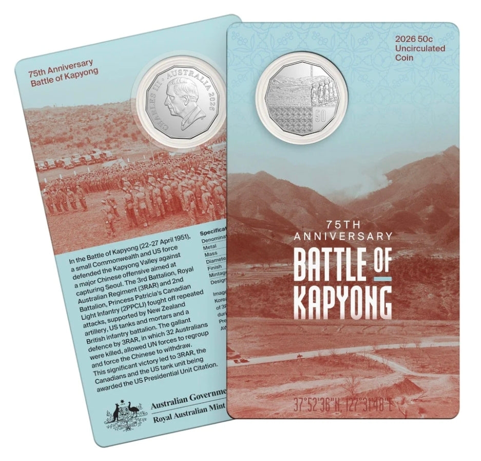 2026 50c 75th Anniversary of the Battle of Kapyong Uncirculated Coin on Card