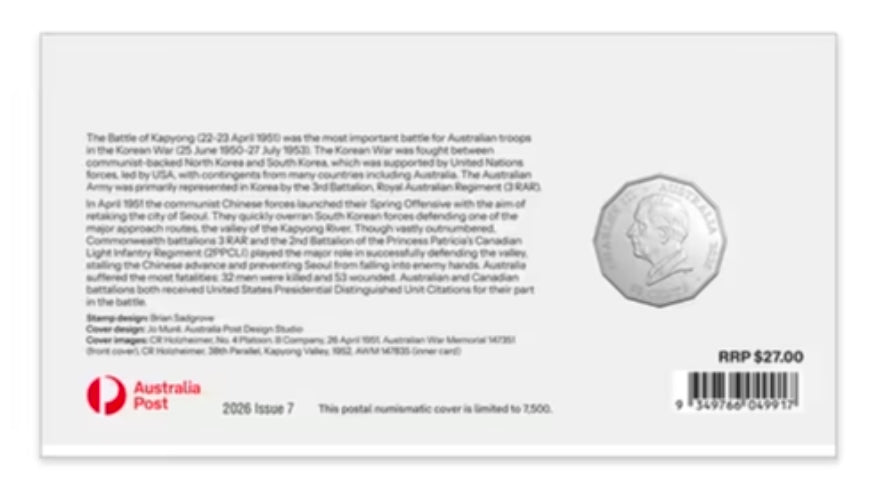 2026 ANZAC Day – Preparing for Peace: 75th Anniversary of the Battle of Kapyong Postal Numismatic Cover (PNC)