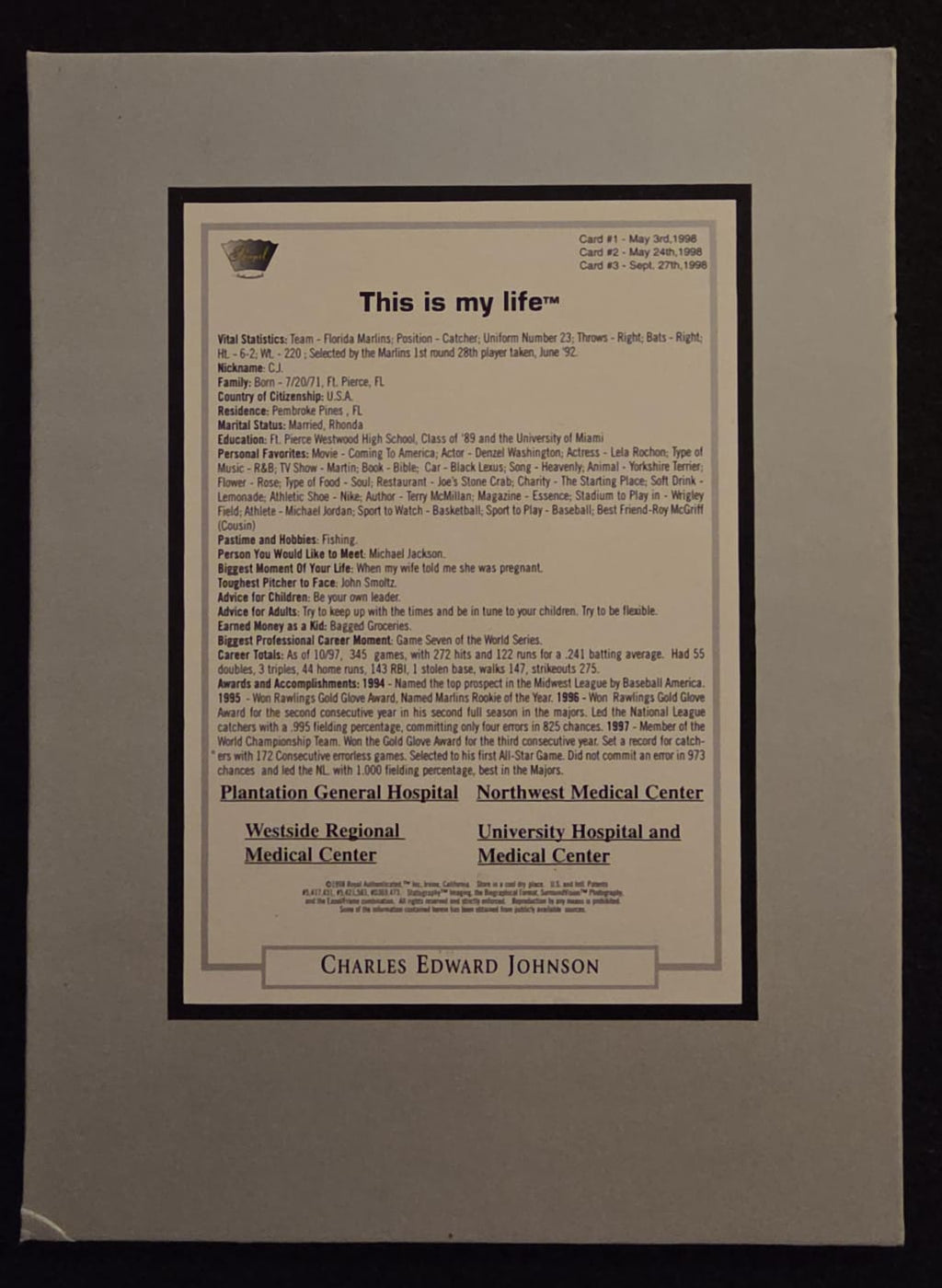 1999 Florida Marlins Presentation Display Card Collection / Team Set