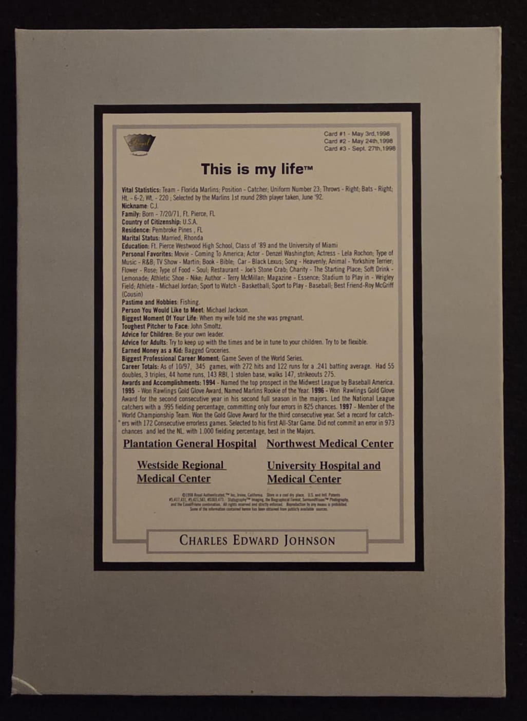 1999 Florida Marlins Presentation Display Card Collection / Team Set