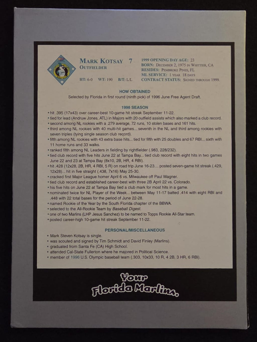 1999 Florida Marlins Presentation Display Card Collection / Team Set
