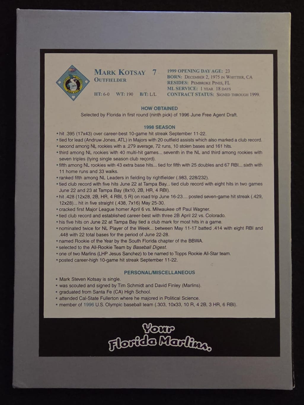 1999 Florida Marlins Presentation Display Card Collection / Team Set