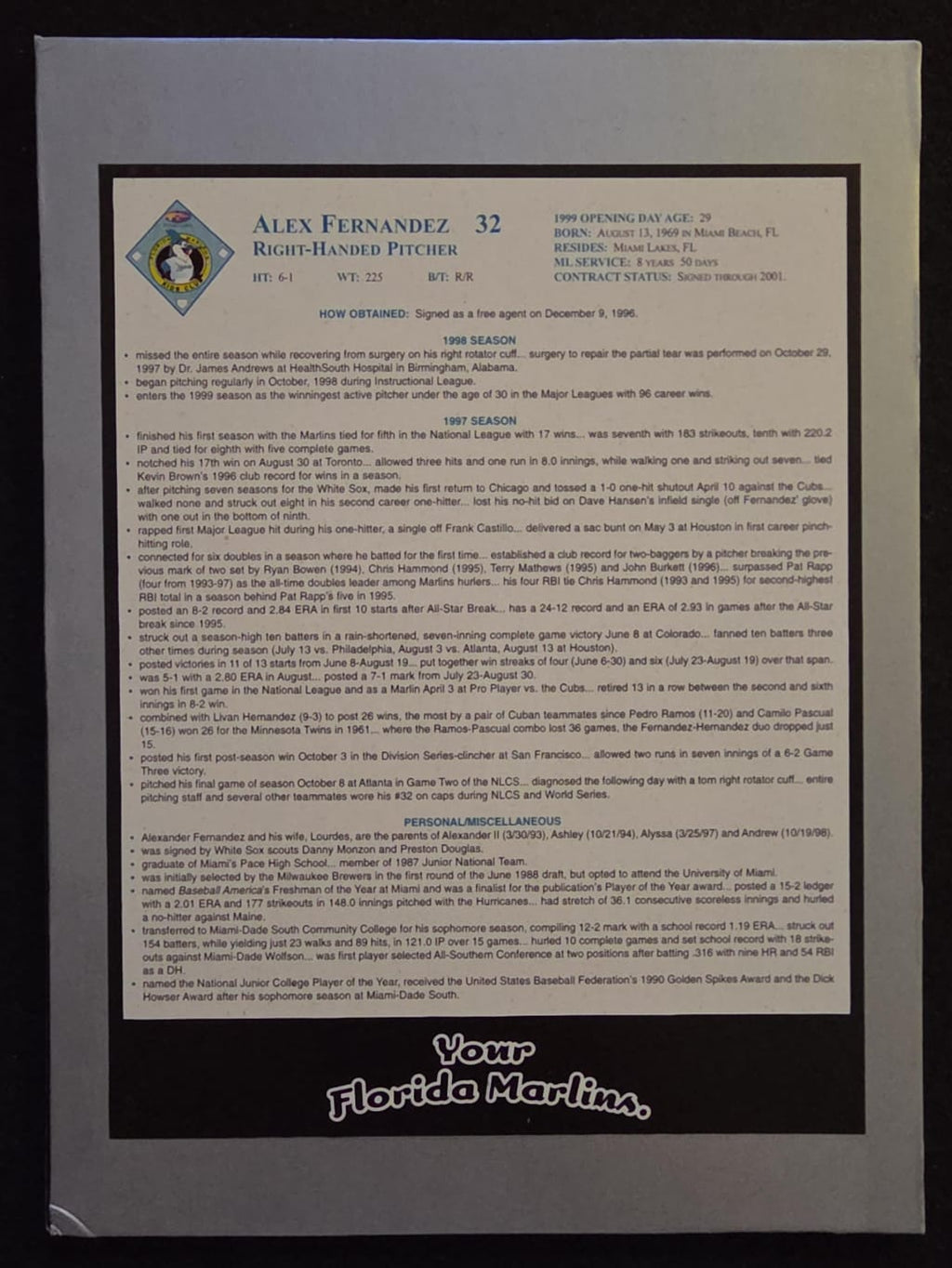 1999 Florida Marlins Presentation Display Card Collection / Team Set