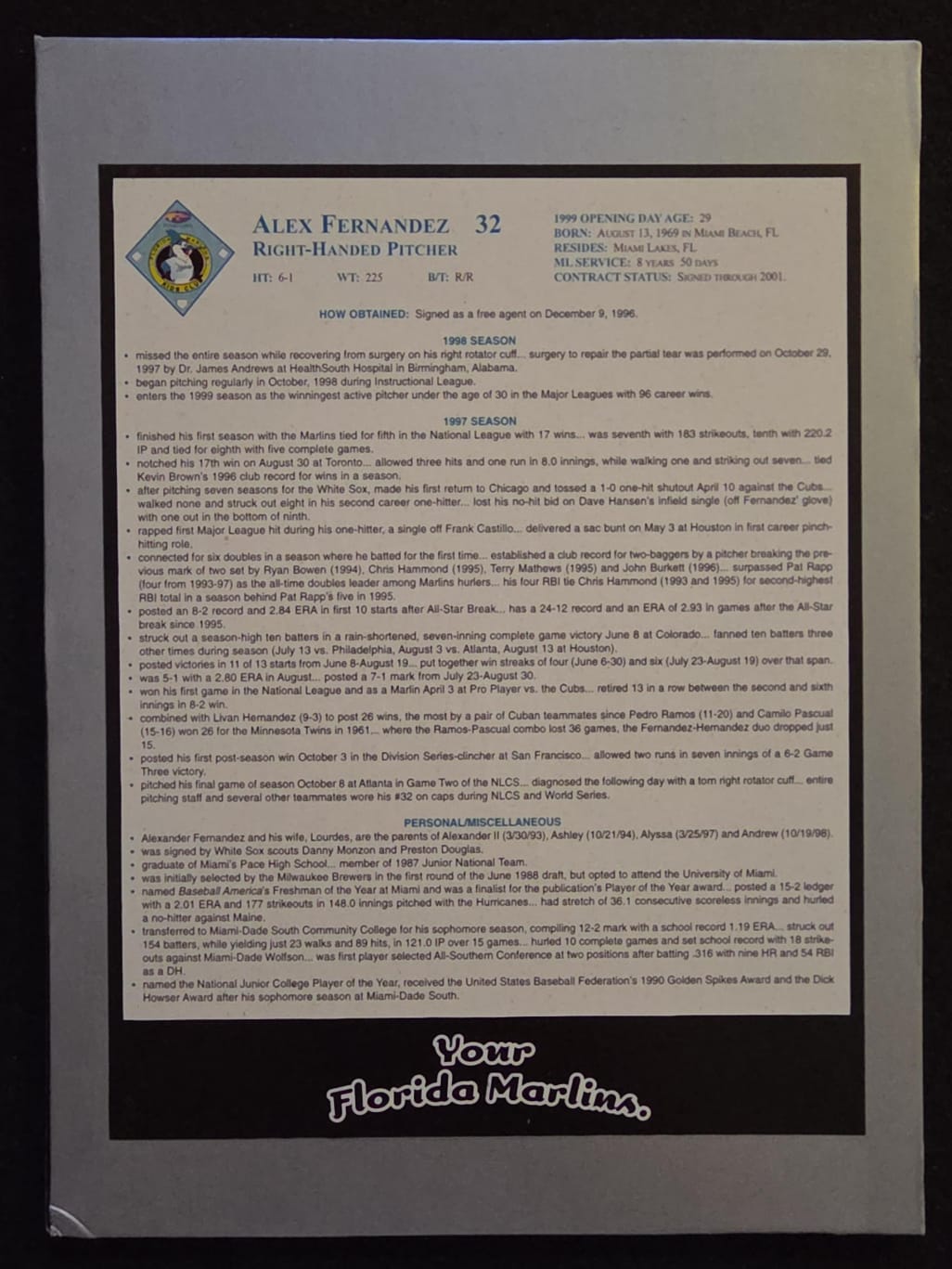1999 Florida Marlins Presentation Display Card Collection / Team Set