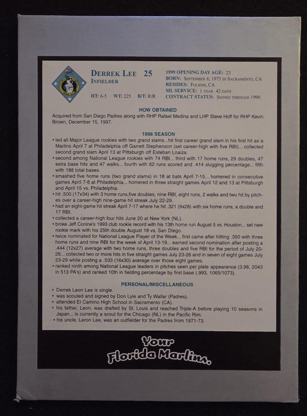 1999 Florida Marlins Presentation Display Card Collection / Team Set