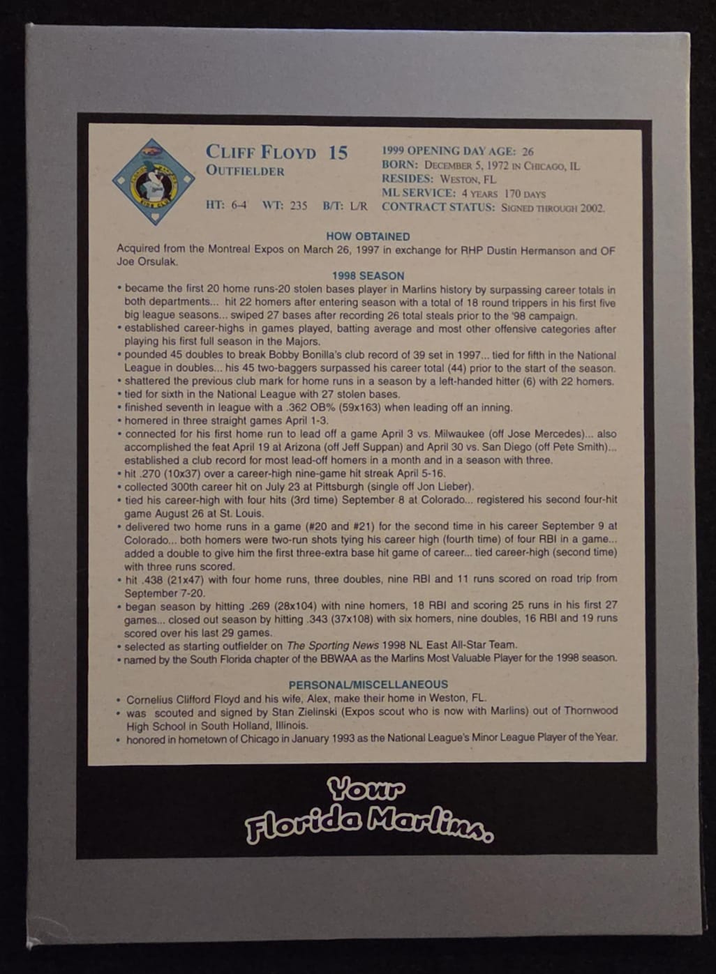 1999 Florida Marlins Presentation Display Card Collection / Team Set