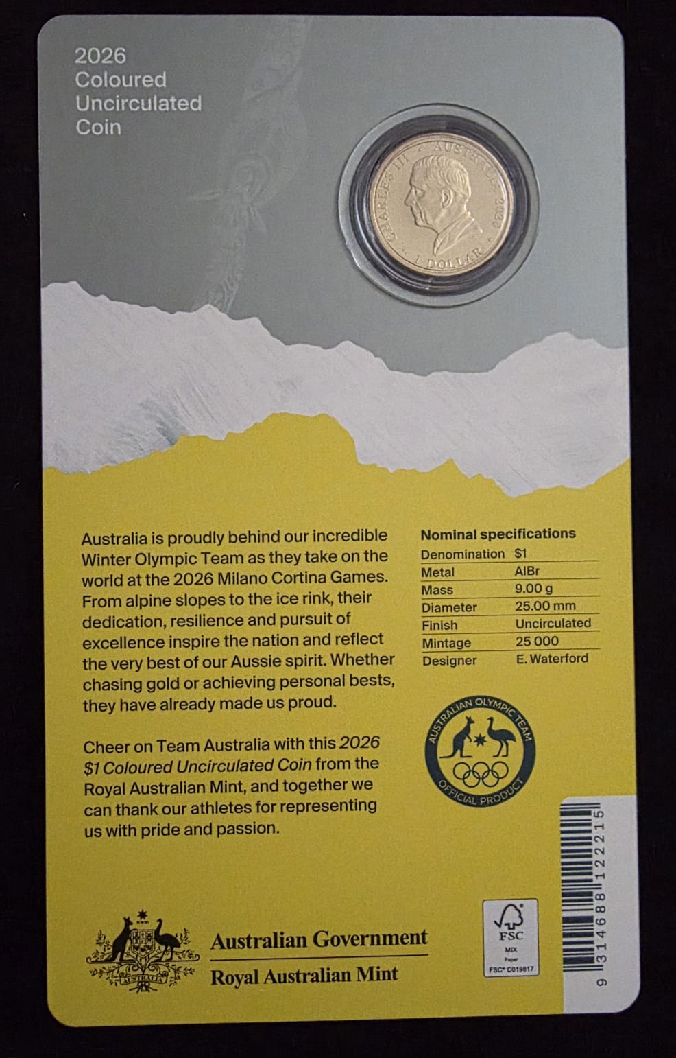 ❄️🇦🇺 2026 $1 Milano Cortina Winter Olympics – Australian Team Coloured Coin