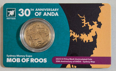 2025 $1 Mob of Roos ANDA Sydney Money Expo 30th Anniversary Sydney Map Privy