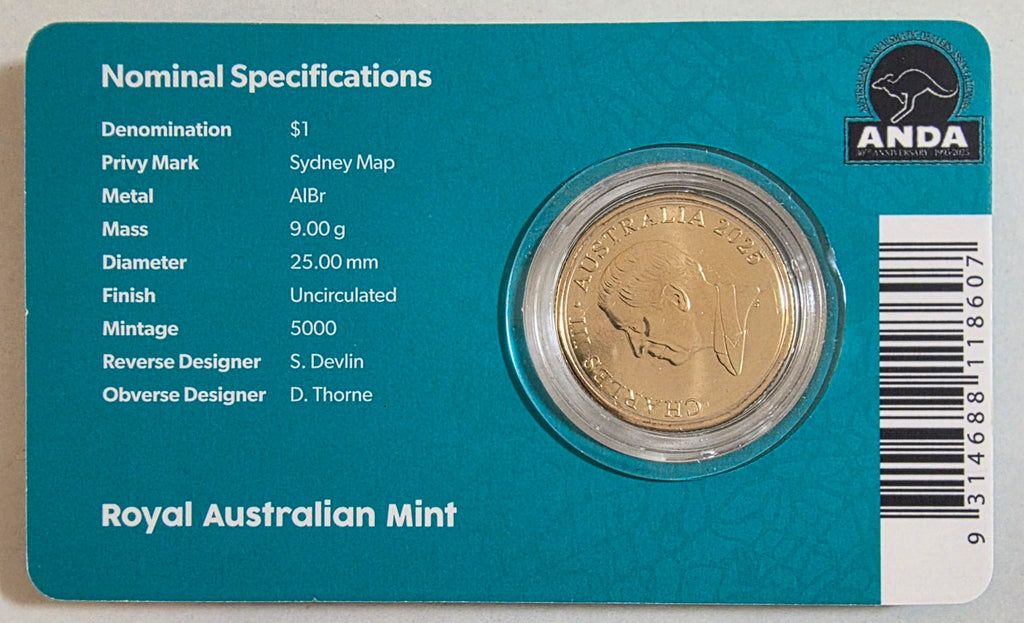 2025 $1 Mob of Roos ANDA Sydney Money Expo 30th Anniversary Sydney Map Privy