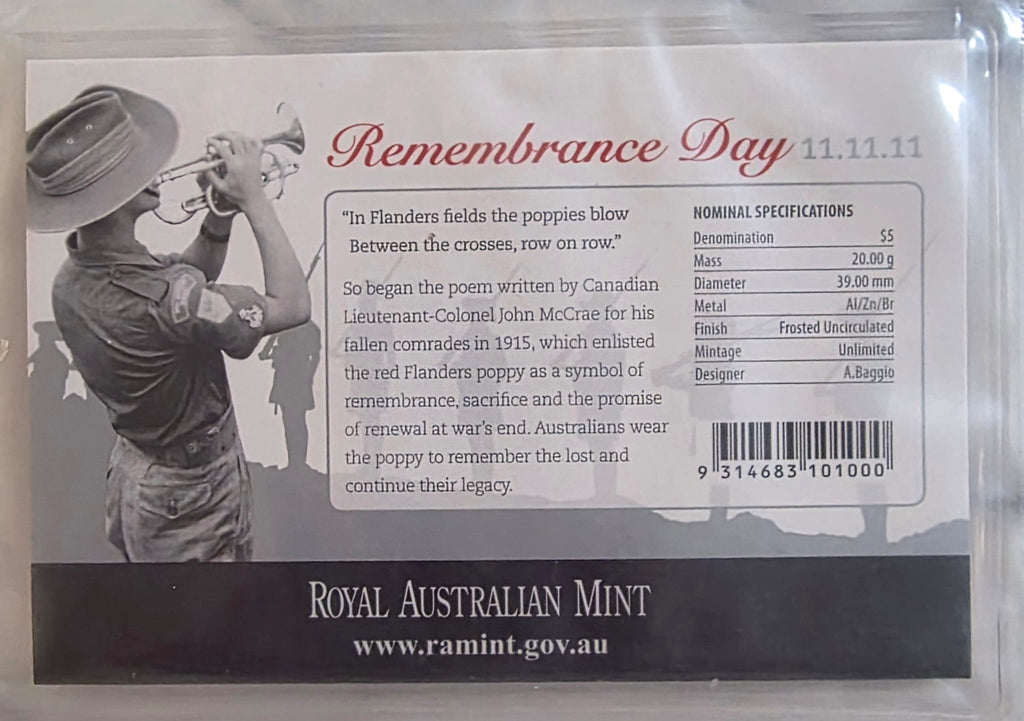 2011 $5 Remembrance Day Coin (11.11.11) – Royal Australian Mint – Sealed in Card