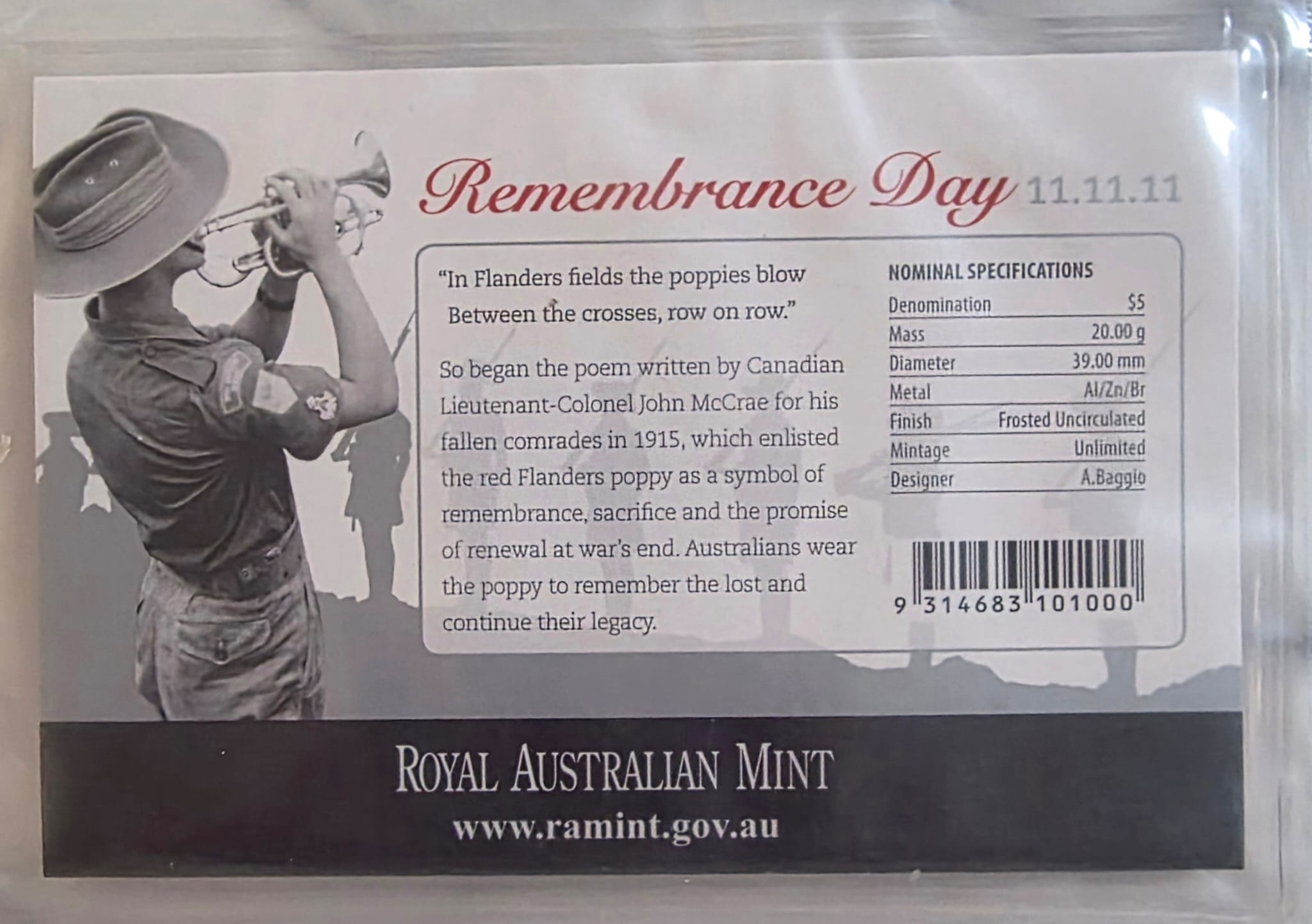 2011 $5 Remembrance Day Coin (11.11.11) – Royal Australian Mint – Sealed in Card