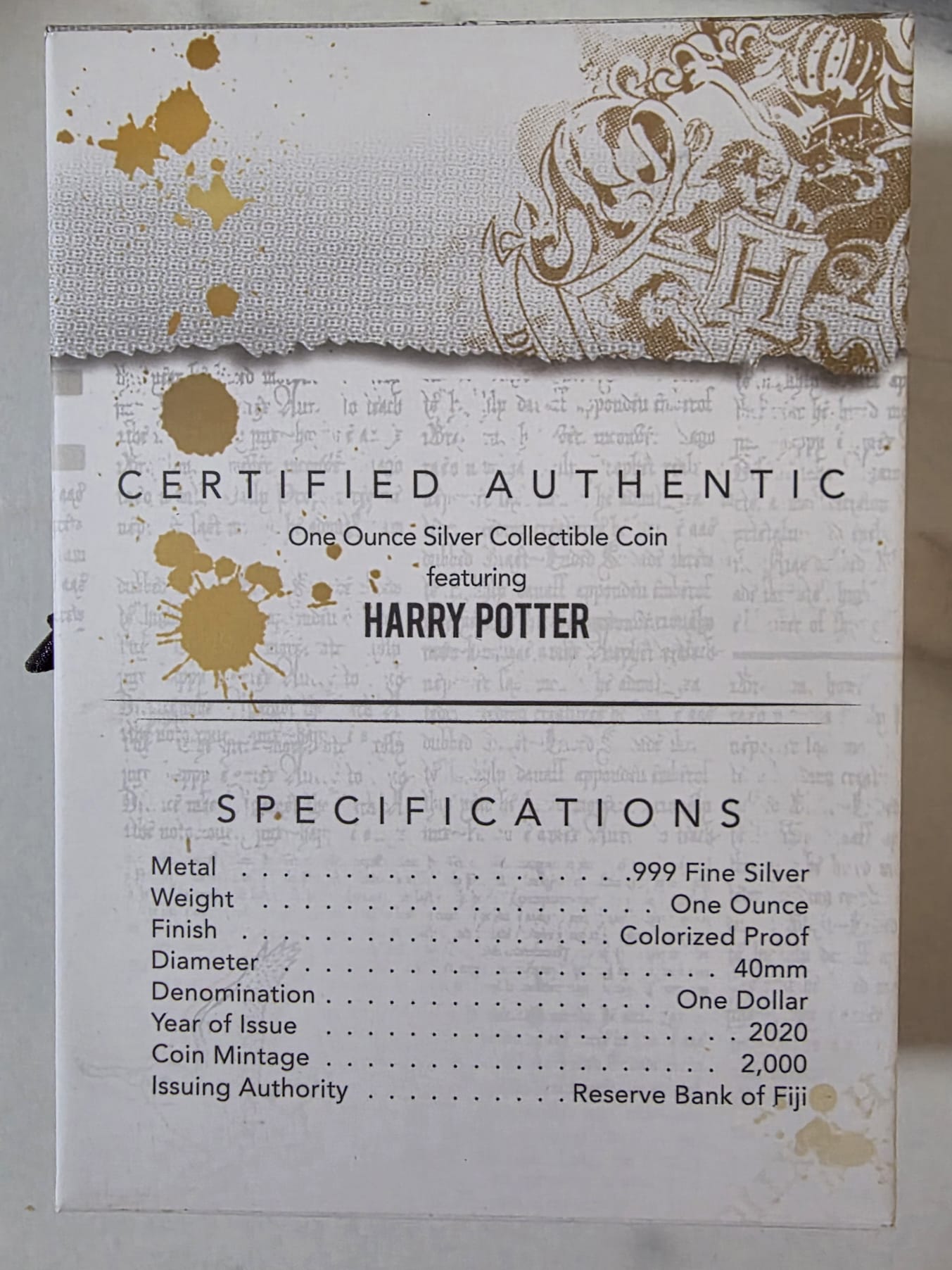 Harry Potter 1oz Silver Coloured Collectible Coin – Limited Mintage (0661/2000)