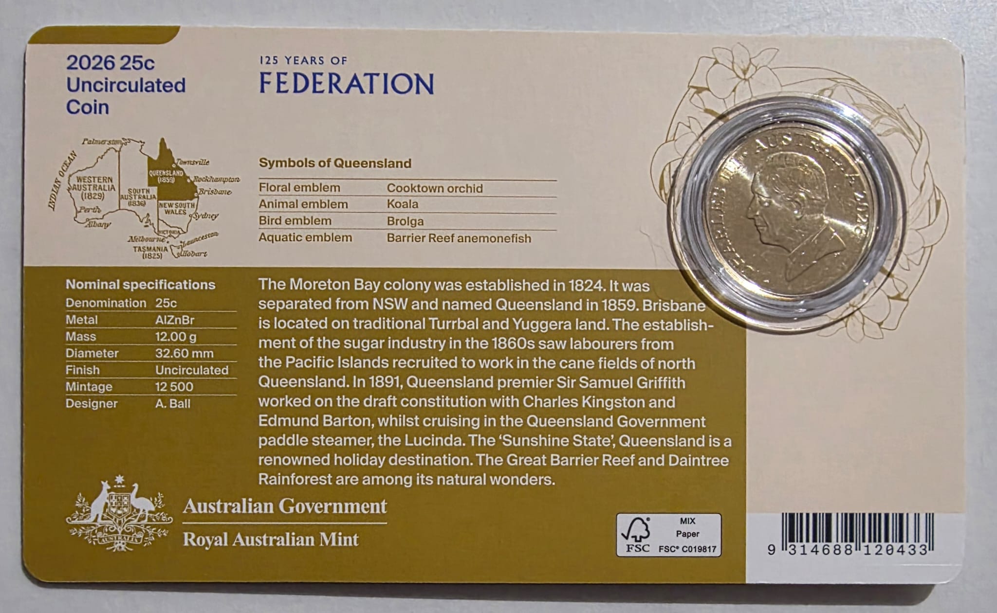 125 Years Of Federation Queensland Coin in Card