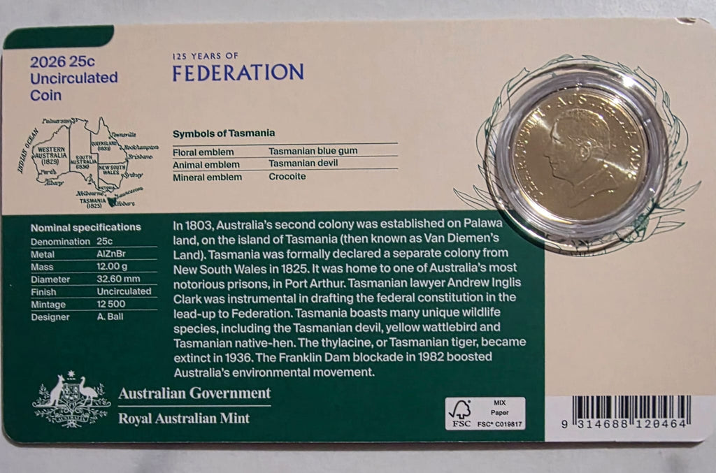 125 Years Of Federation Tasmania Coin in Card