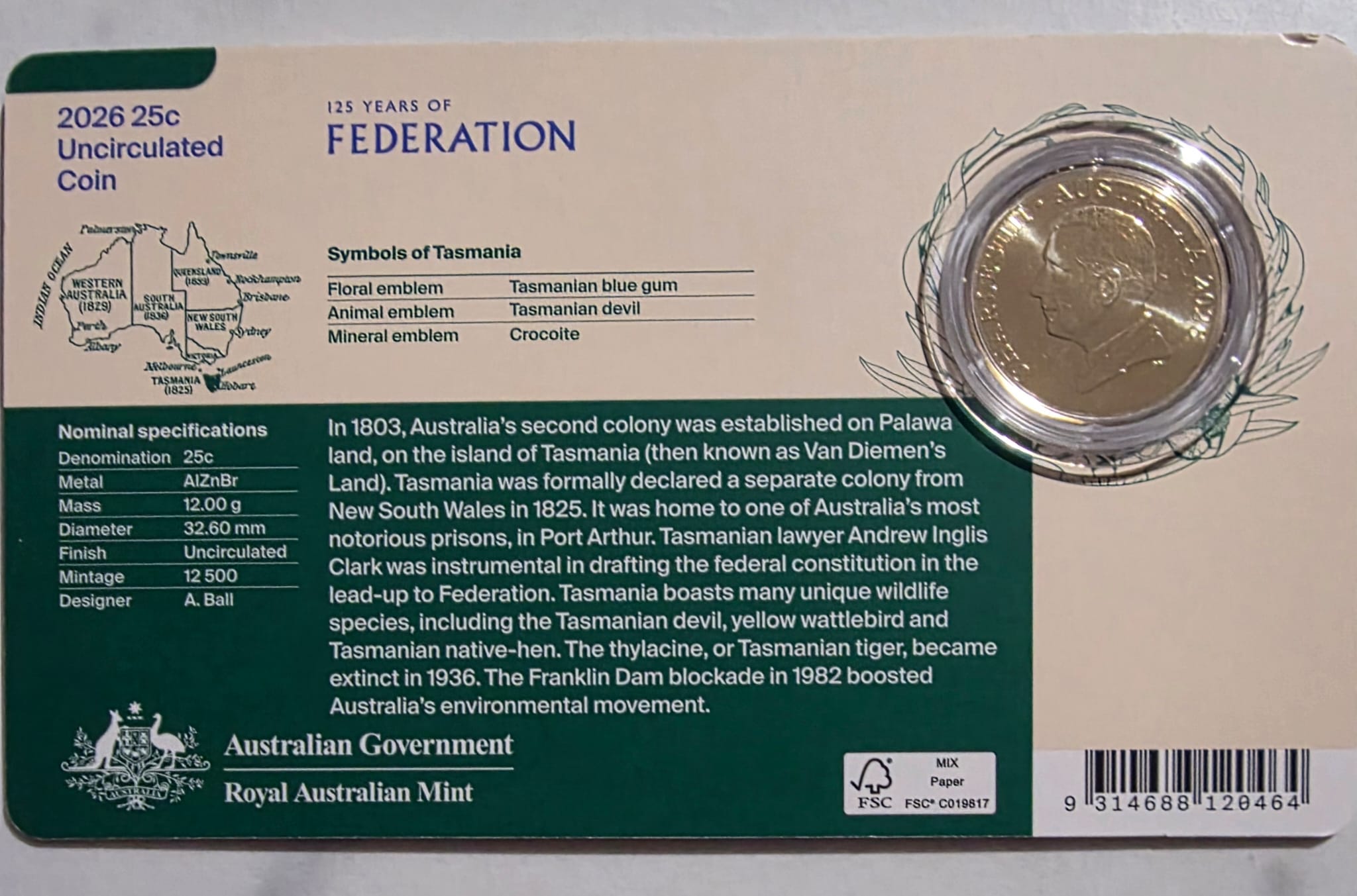 125 Years Of Federation Tasmania Coin in Card