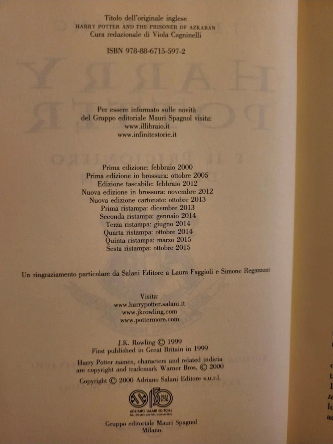 Harry Potter 15th Anniversary Italian Edition Hardcover Set Hogwarts Spine
