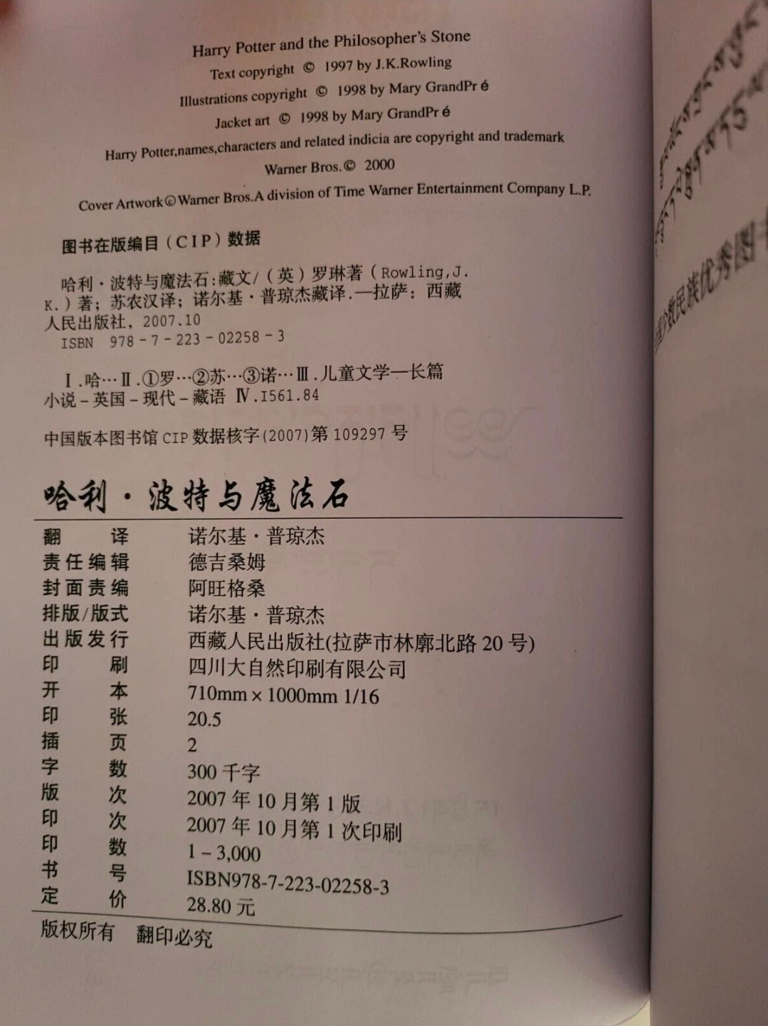 Harry Potter and the Philosopher's Stone – Tibetan Translation First Edition (2007 Paperback)